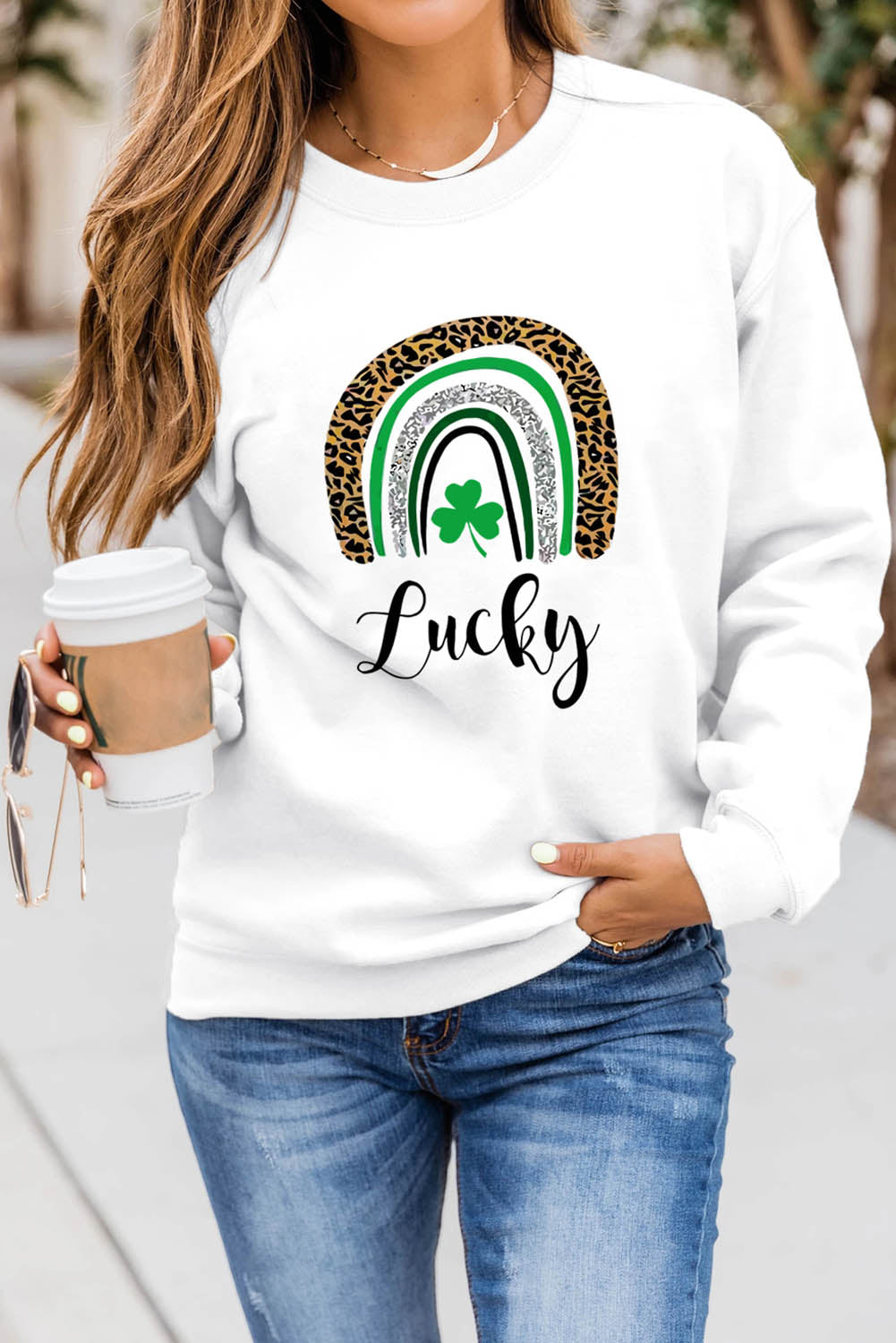 White St. Patrick's Day Lucky Clover Print Graphic Sweatshirt Graphic Sweatshirts JT's Designer Fashion