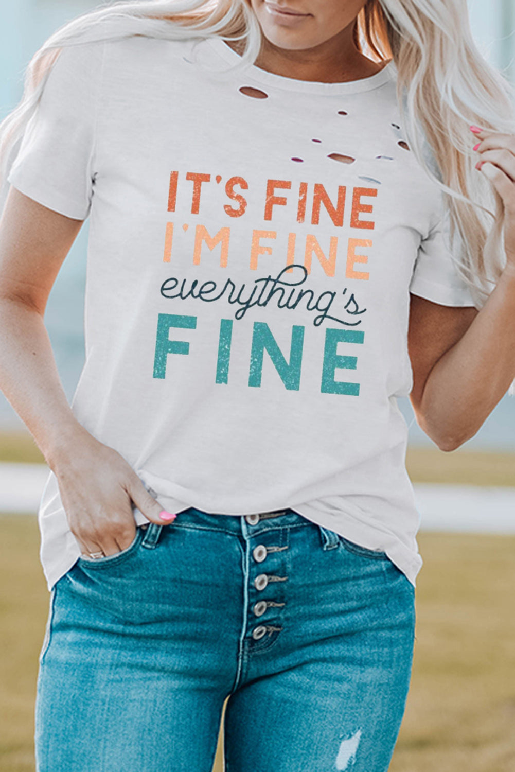 White Everything is Fine Graphic Distressed T-shirt White 95%Polyester+5%Spandex Graphic Tees JT's Designer Fashion