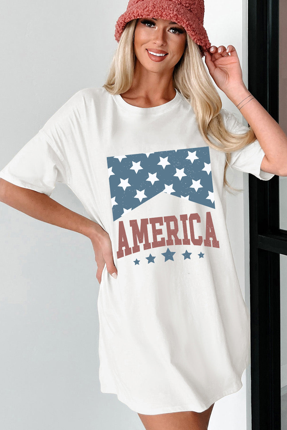 White AMERICA Stars Print Round Neck Oversized T Shirt Graphic Tees JT's Designer Fashion