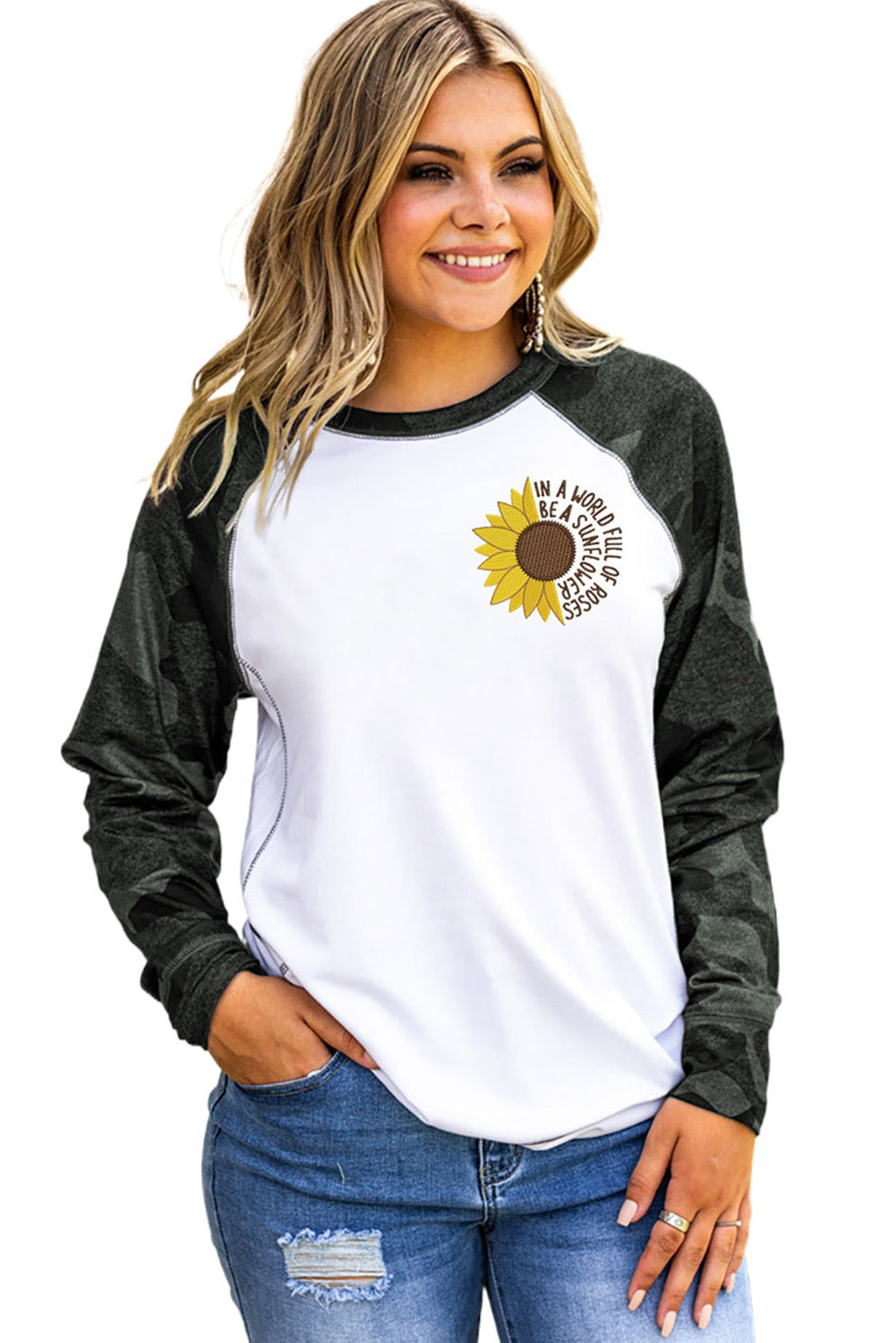 White Sunflower Letter Embroidery Color Block Sweatshirt Graphic Sweatshirts JT's Designer Fashion