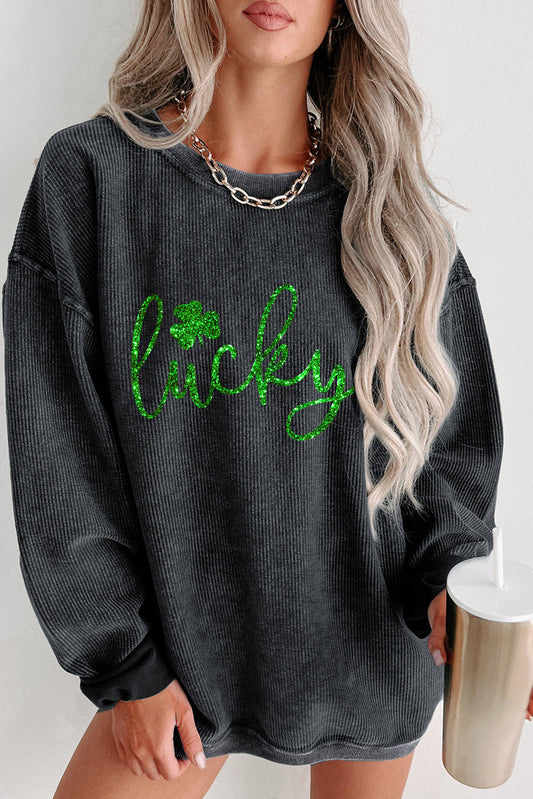 Black Shiny Lucky Clover Corded Drop Shoulder Sweatshirt Black 100%Polyester Graphic Sweatshirts JT's Designer Fashion