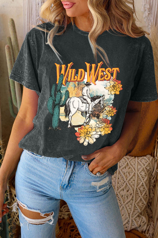 Black Wild West Western Pattern Print Mineral Wash T Shirt Graphic Tees JT's Designer Fashion