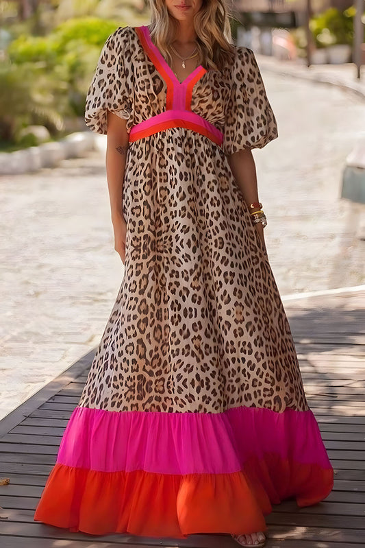 Bright Pink Leopard Colorblock Patchwork Bubble Sleeve Maxi Dress Bright Pink 100%Polyester Maxi Dresses JT's Designer Fashion