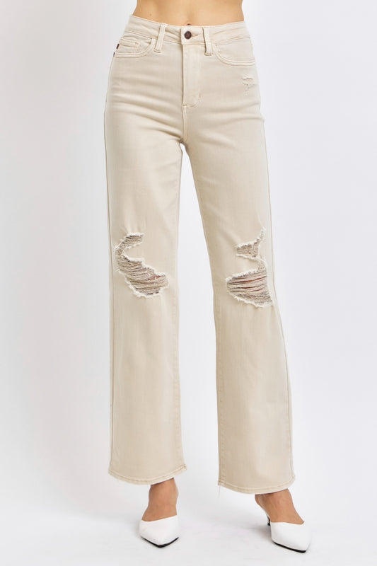 Judy Blue Full Size High Waist Distressed Wide Leg Jeans BONE Jeans JT's Designer Fashion