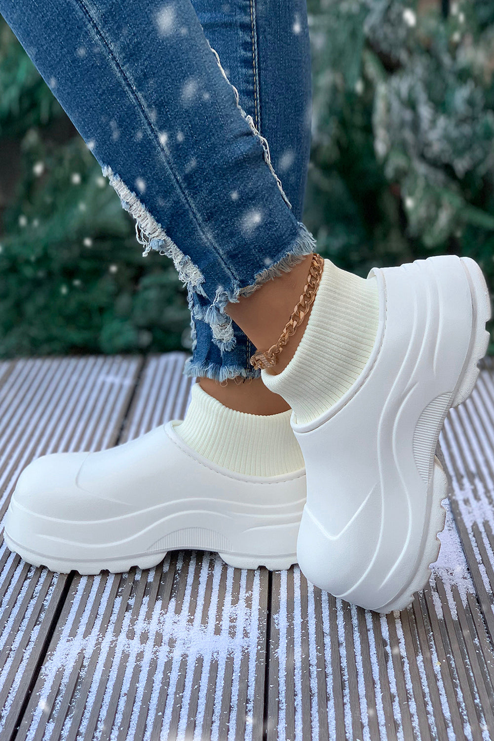 White Waterproof Thick Sole Ribbed Ankle Shoes Women's Shoes JT's Designer Fashion