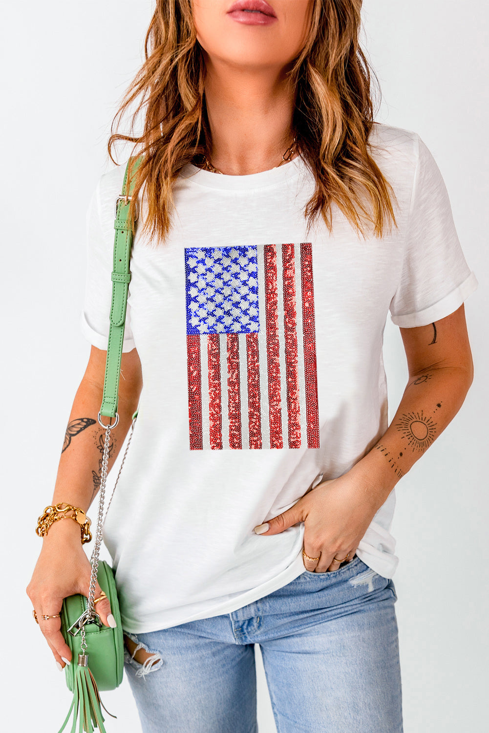 White Shimmery Flag Graphic Tee Graphic Tees JT's Designer Fashion