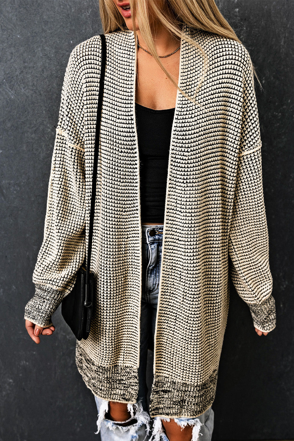 Apricot Plaid Knitted Long Open Front Cardigan Sweaters & Cardigans JT's Designer Fashion