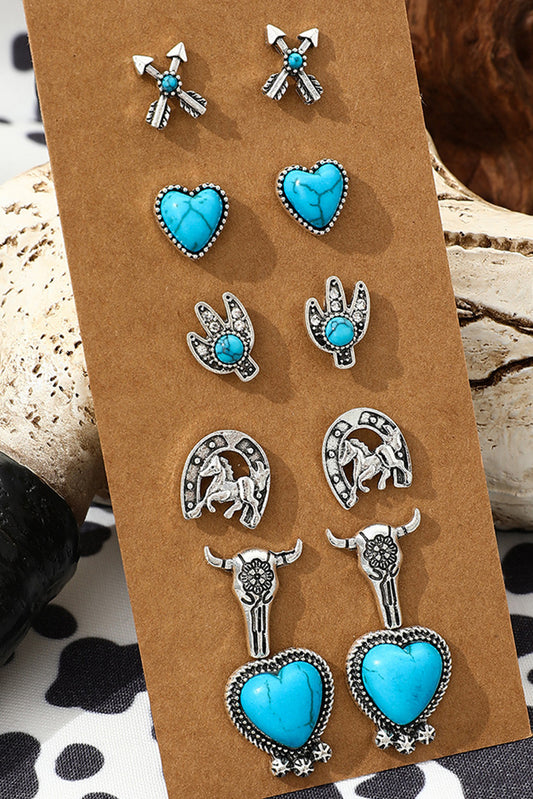 Silvery 6 Pairs Western Turquoise Alloy Stud Earrings Jewelry JT's Designer Fashion