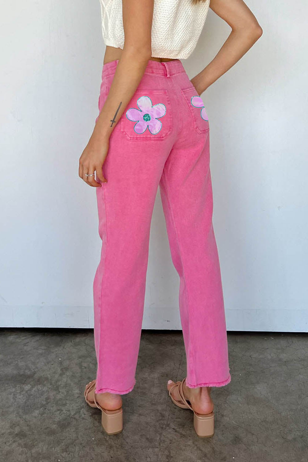 Pink Flower Patterns Raw Hem Flare Jeans Graphic Pants JT's Designer Fashion