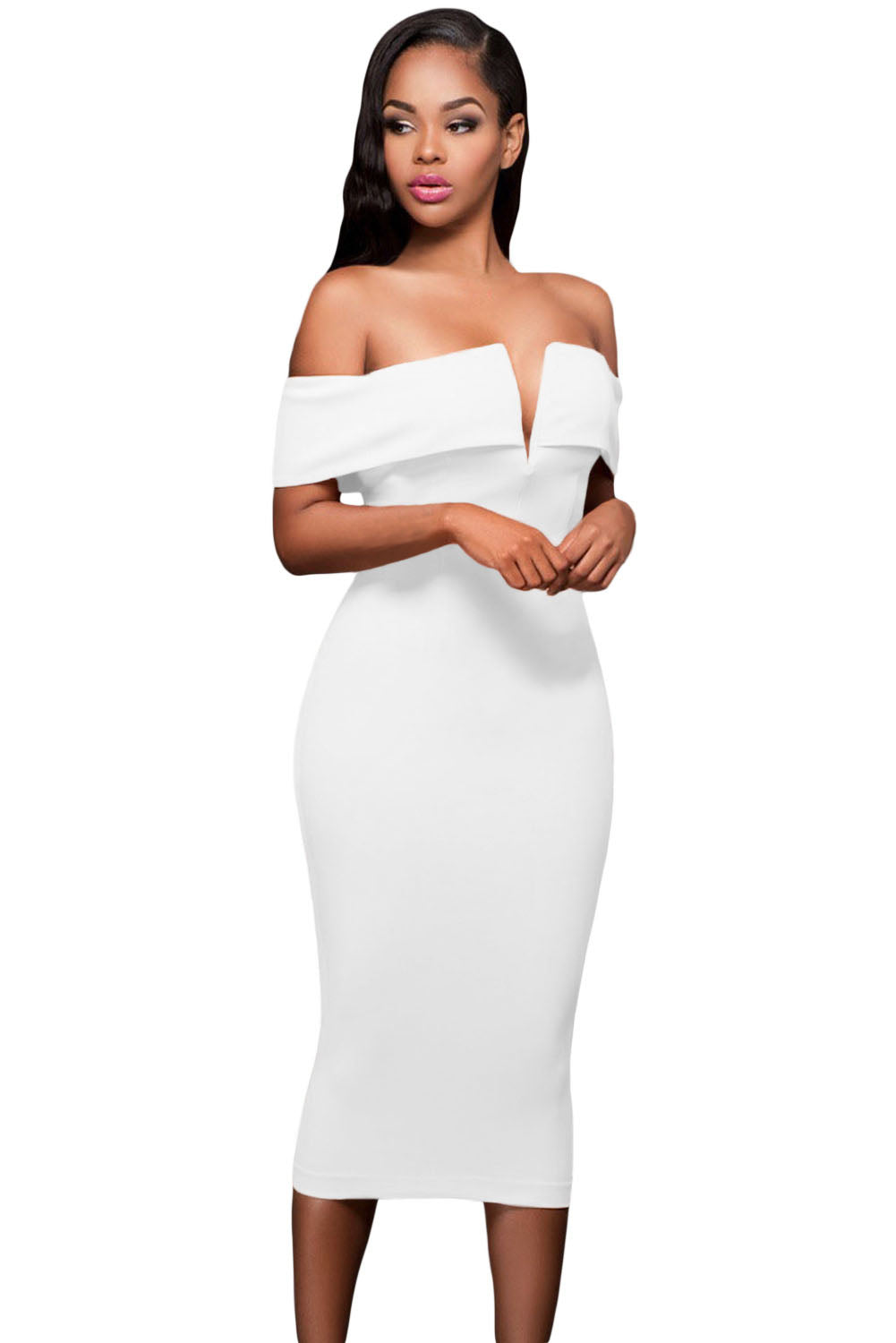 White Off-the-shoulder Midi Dress Midi Dresses JT's Designer Fashion