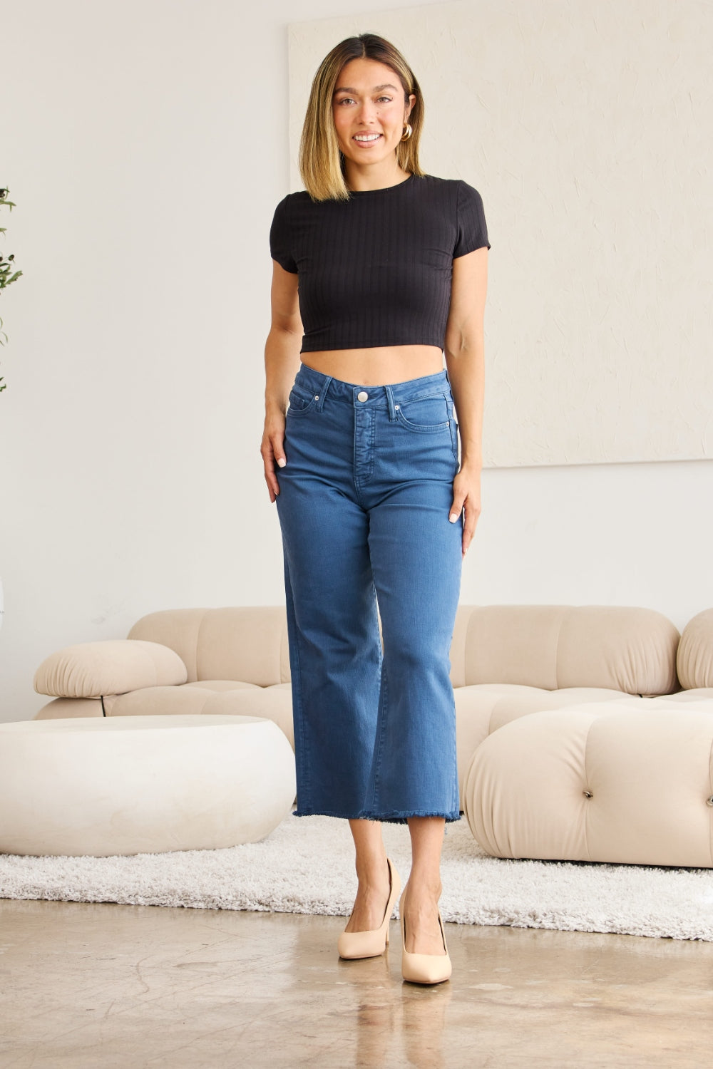 RFM Crop Chloe Full Size Tummy Control High Waist Raw Hem Jeans Jeans JT's Designer Fashion