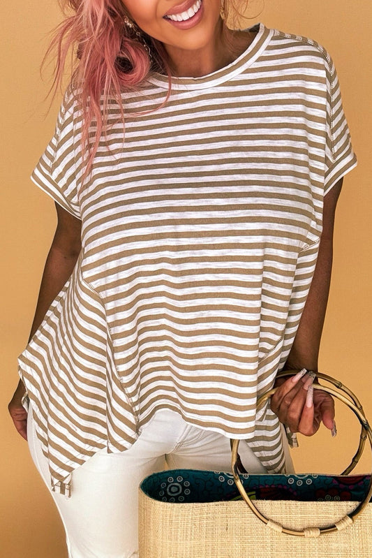 Khaki Stripe Round Neck Asymmetric Hem Plus Size T Shirt