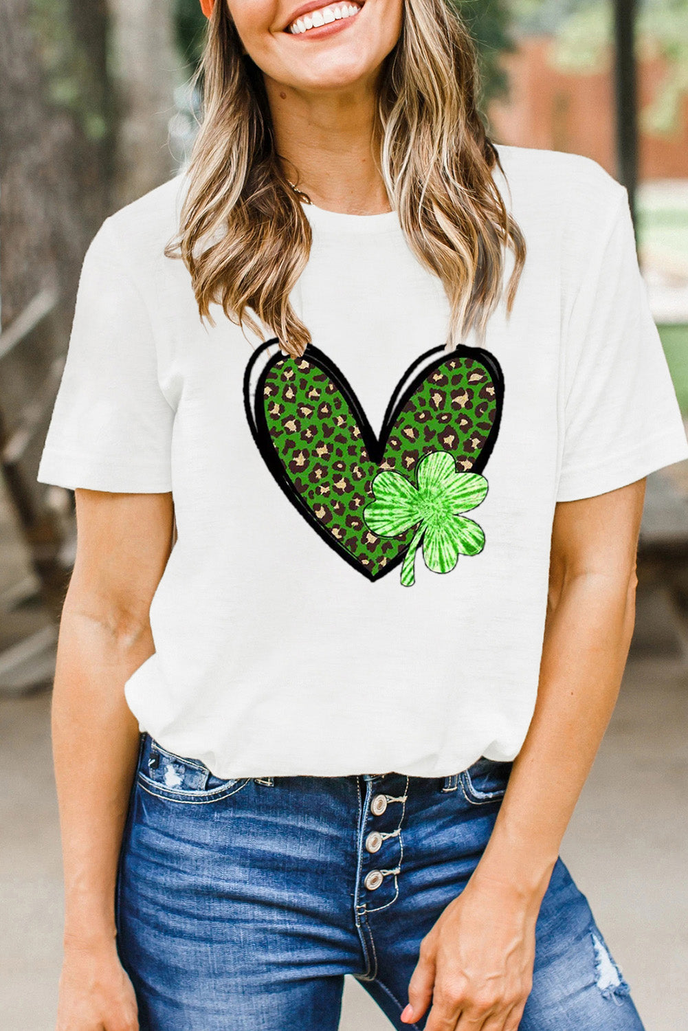 White Clover Leopard Heart Shaped Print Crewneck Graphic Tee Graphic Tees JT's Designer Fashion