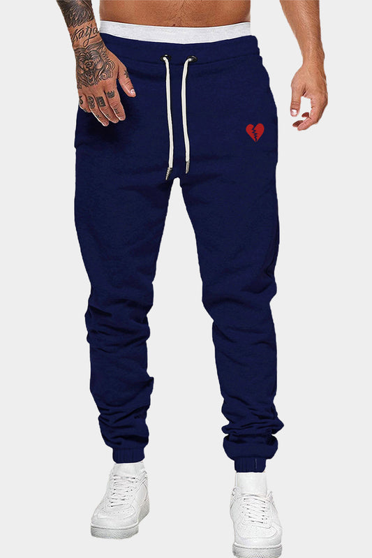 Navy Heart Break Print Drawstring Waist Men's Sweatpants Blue 65%Polyester+35%Cotton Men's Pants JT's Designer Fashion