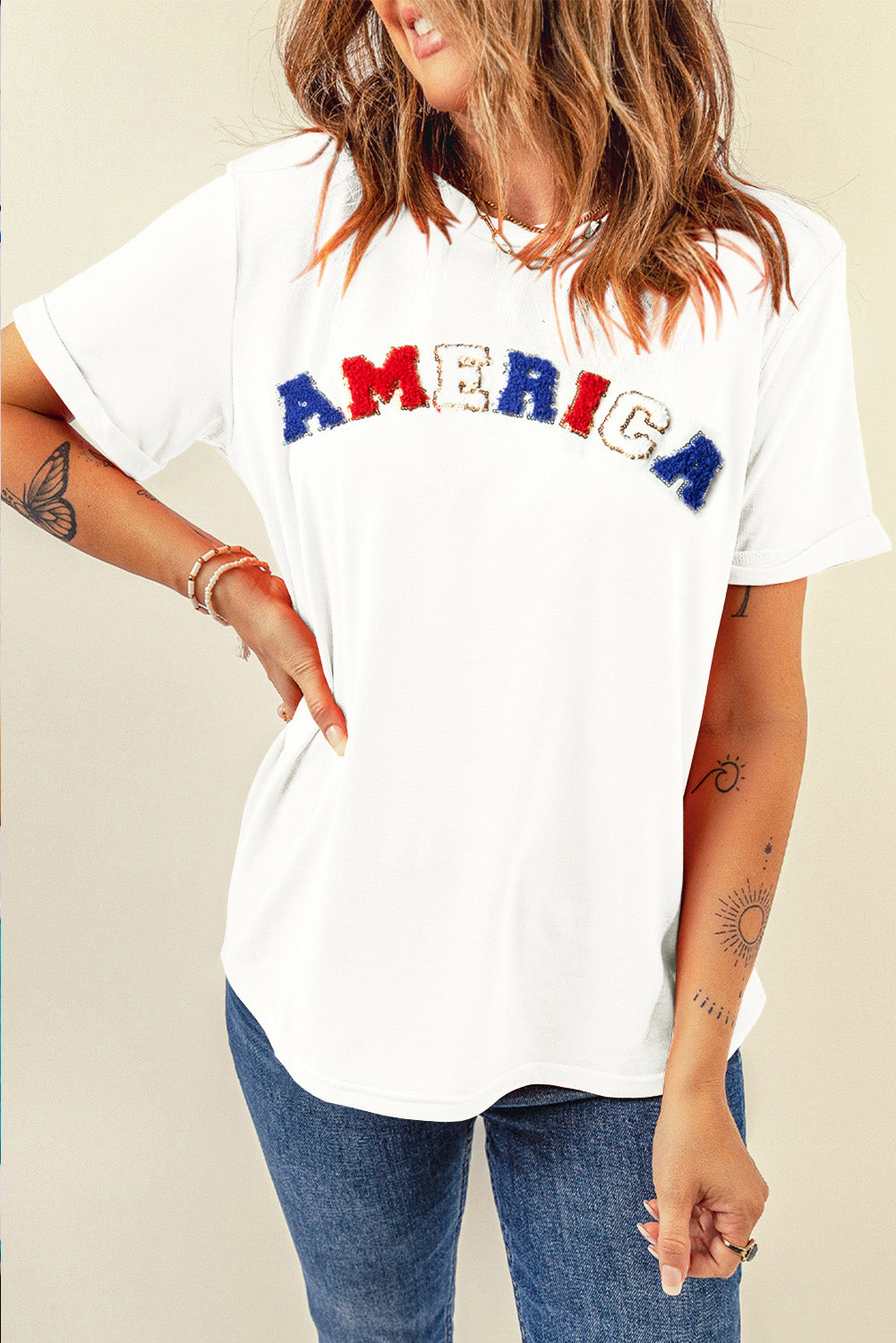 White Chenille AMERICA Graphic Crewneck T Shirt Graphic Tees JT's Designer Fashion