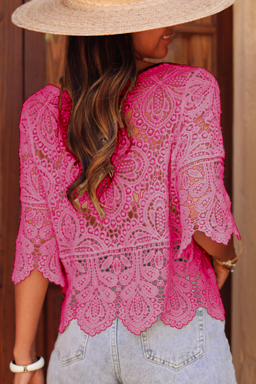 Rose Red Bohemian Macrame Lace Crochet Half Sleeve Blouse Pre Order Tops JT's Designer Fashion