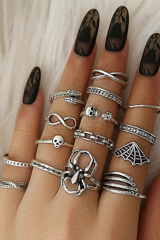 Silver 15 Pieces Halloween Theme Knuckle Rings Set Jewelry JT's Designer Fashion