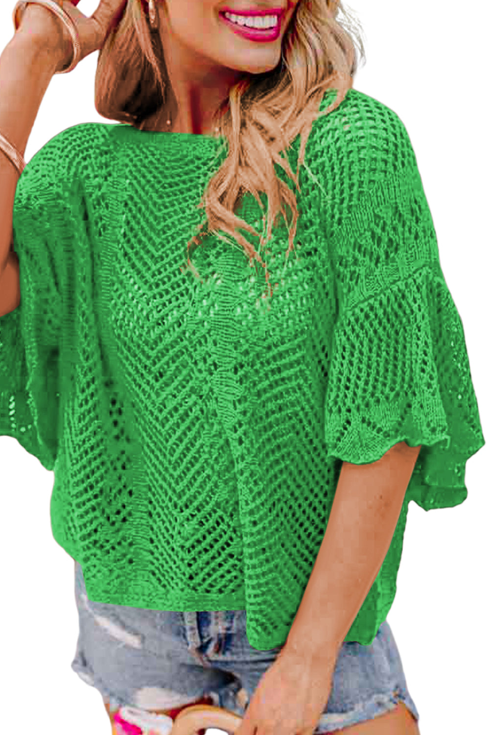 Green Pointelle Knit Scallop Edge Short Sleeve Top Pre Order Tops JT's Designer Fashion