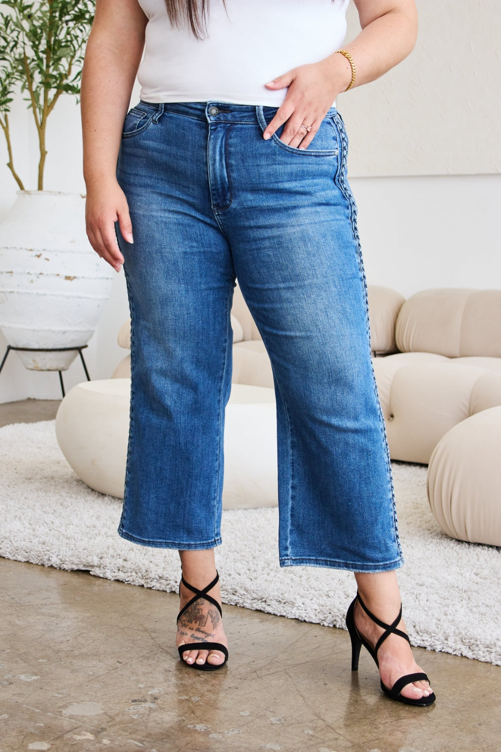 Judy Blue Full Size Braid Side Detail Wide Leg Jeans Jeans JT's Designer Fashion
