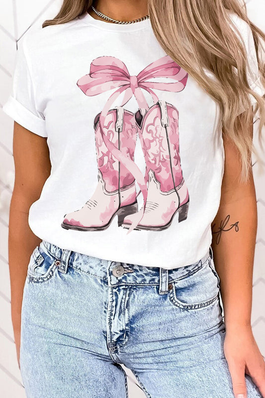 White Western Boots Bow Knot Print Crew Neck T Shirt Graphic Tees JT's Designer Fashion