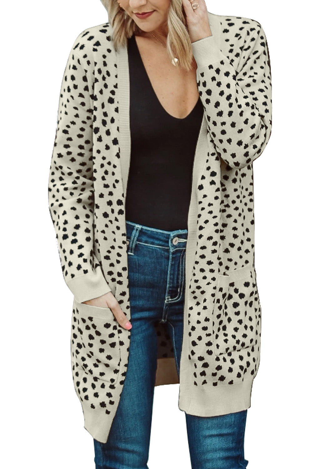 Apricot Open Front Dotted Print Knit Cardigan Sweaters & Cardigans JT's Designer Fashion