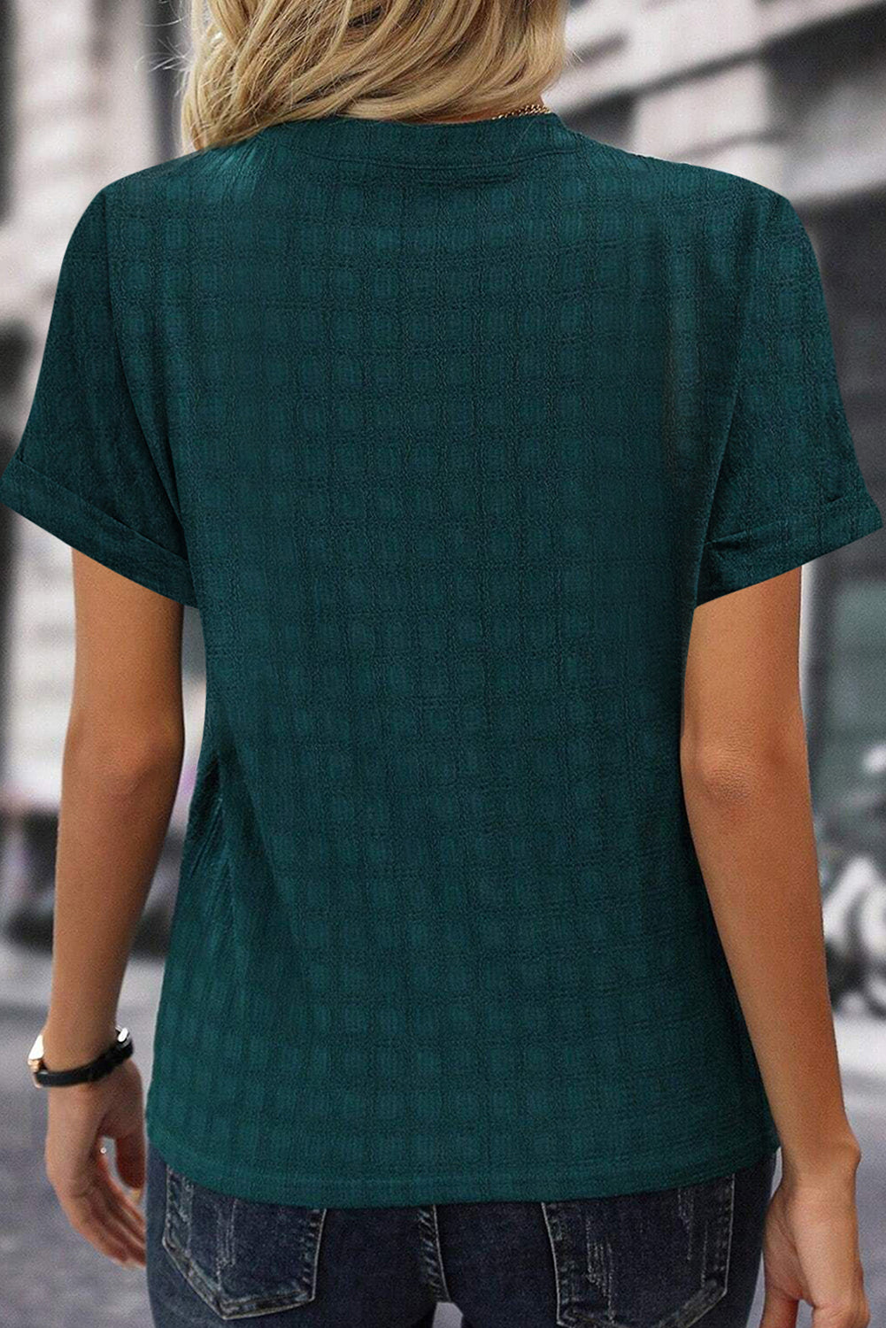 Sea Green Solid Textured Split Neck Short Sleeve Blouse Blouses & Shirts JT's Designer Fashion