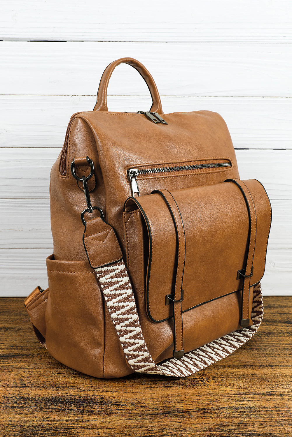 Camel Embroidered Strap Attached Large PU Leather Backpack Backpacks JT's Designer Fashion