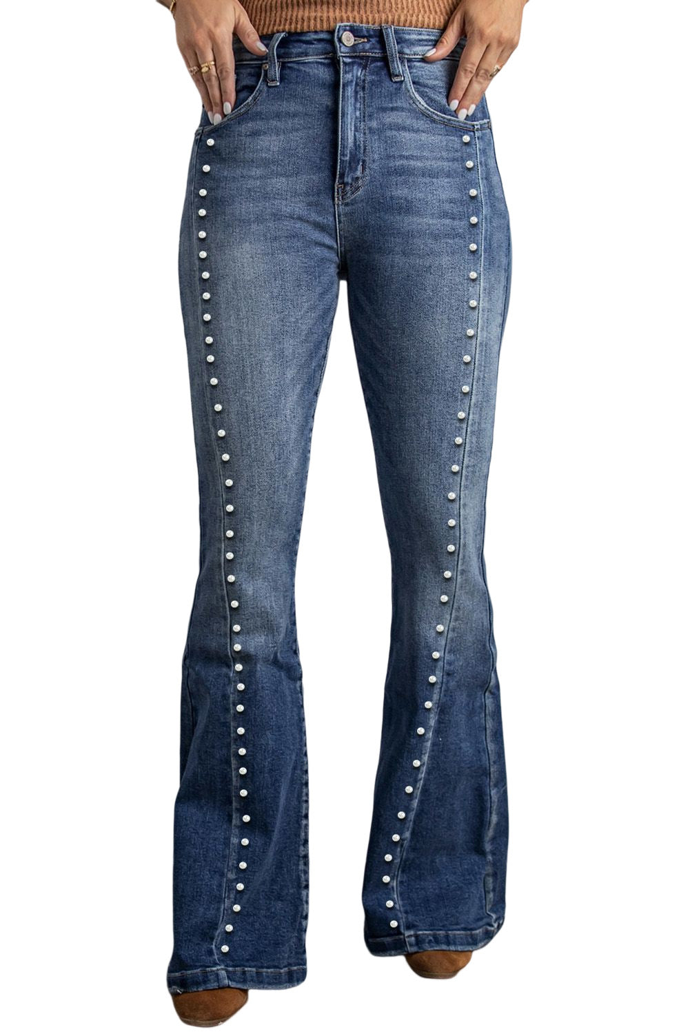 Blue Beading Light Wash High Waist Flare Jeans Graphic Pants JT's Designer Fashion