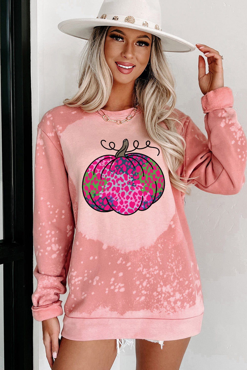 Pink Pumpkin Tie Dye Print Pullover Sweatshirt Graphic Sweatshirts JT's Designer Fashion