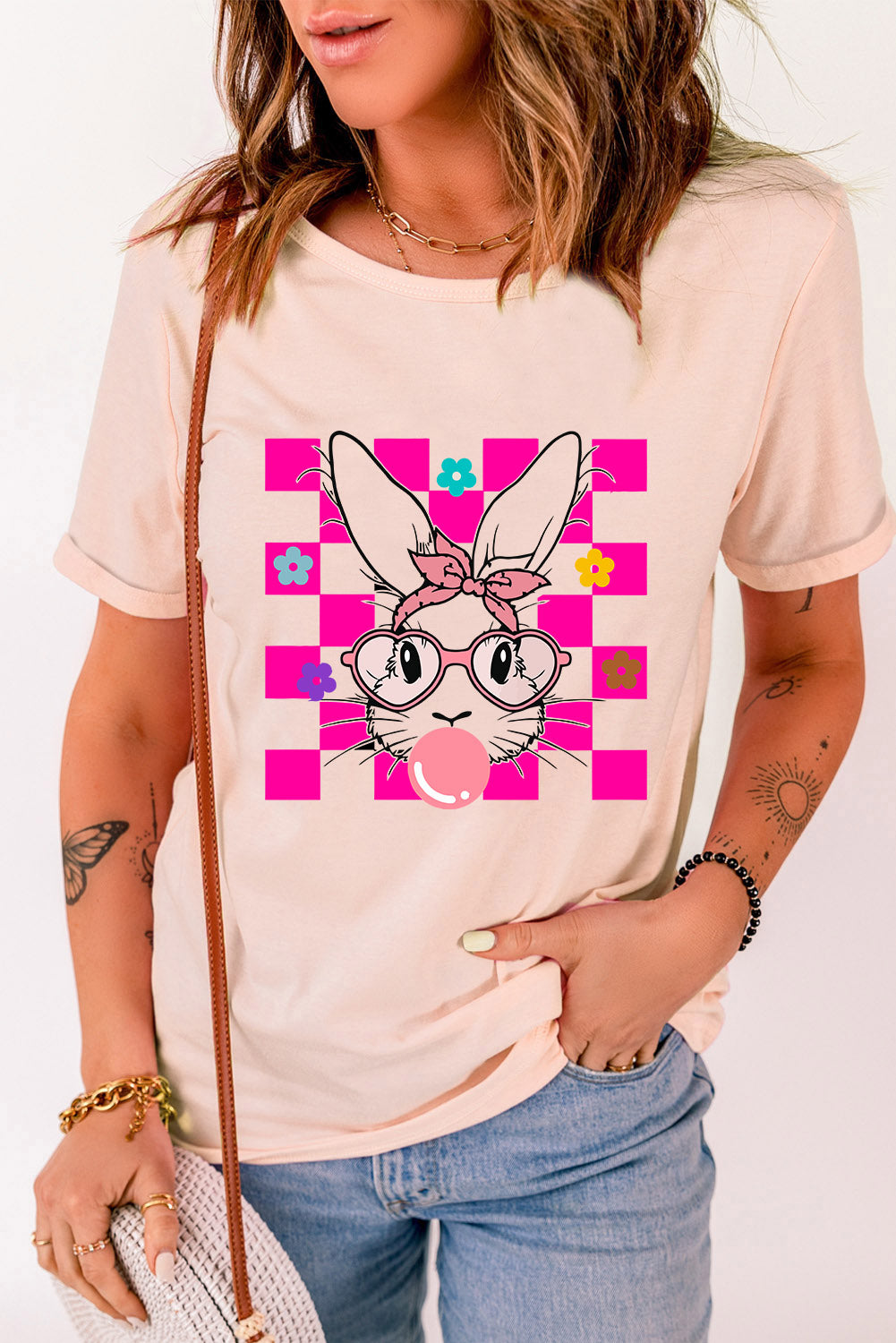 Pink Easter Rabbit Checkered Flower Print O-neck T Shirt Graphic Tees JT's Designer Fashion