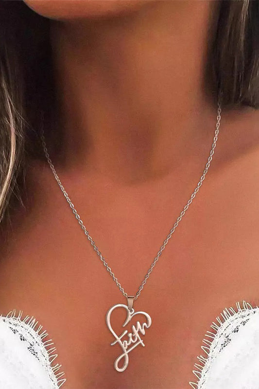 Silver Faith Heart-Shaped Pendant Necklace Jewelry JT's Designer Fashion