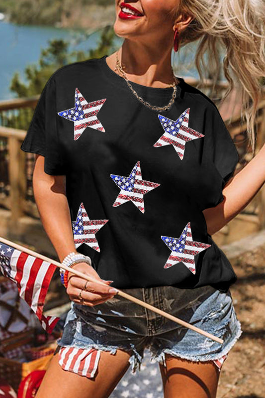 Black Sequined American Flag Star Graphic T Shirt Graphic Tees JT's Designer Fashion