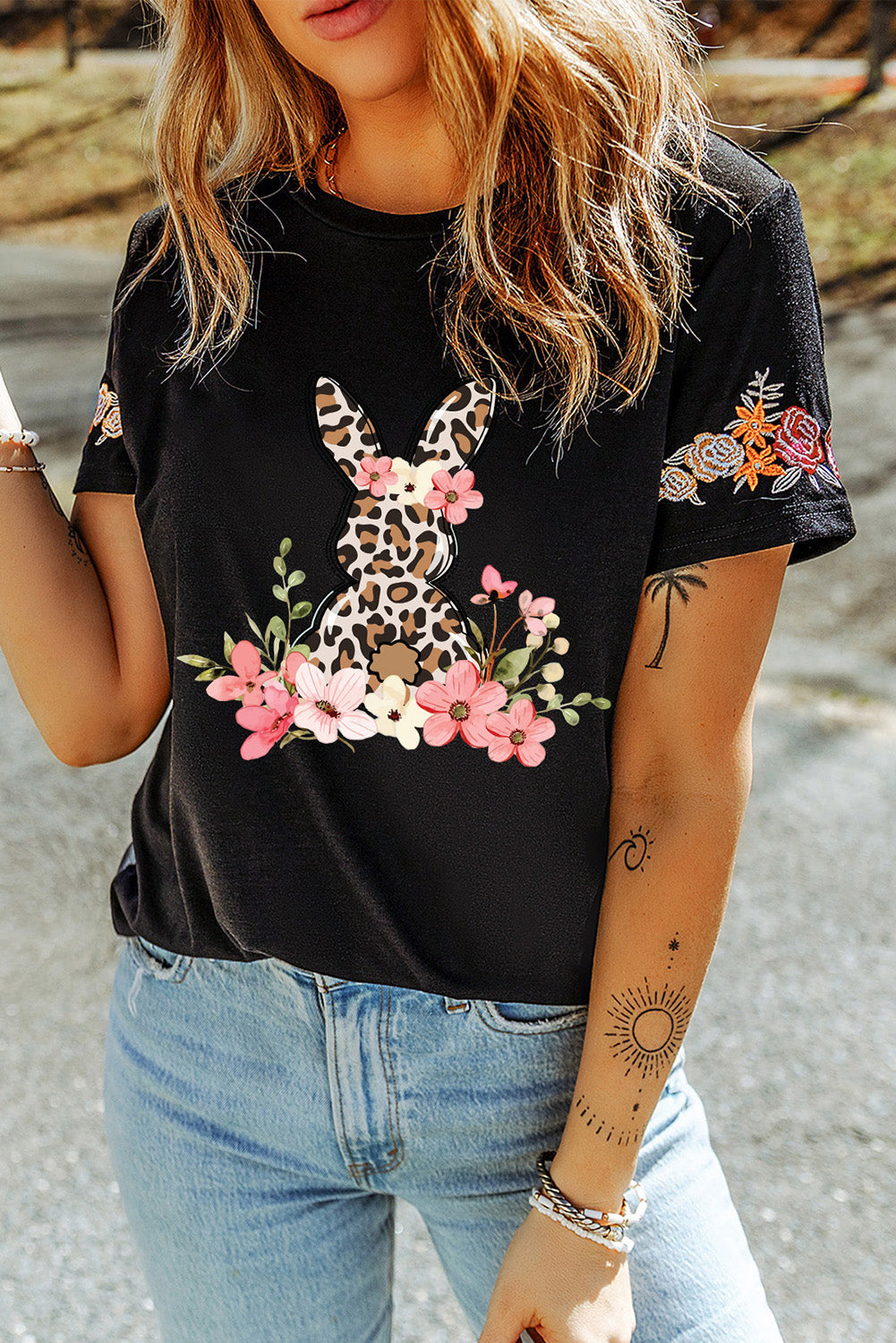 Black Easter Bunny Flower Embroidered Crew Neck T Shirt Graphic Tees JT's Designer Fashion