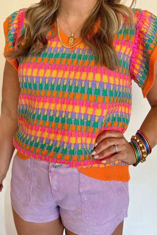 Multicolour Striped Knitted V Neck Plus Size Sweater Vest