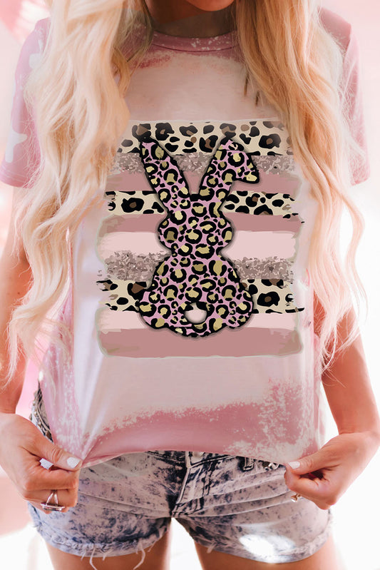 Pink Tie Dye Contrast Leopard Rabbit Graphic T Shirt Pink 95%Polyester+5%Elastane Graphic Tees JT's Designer Fashion
