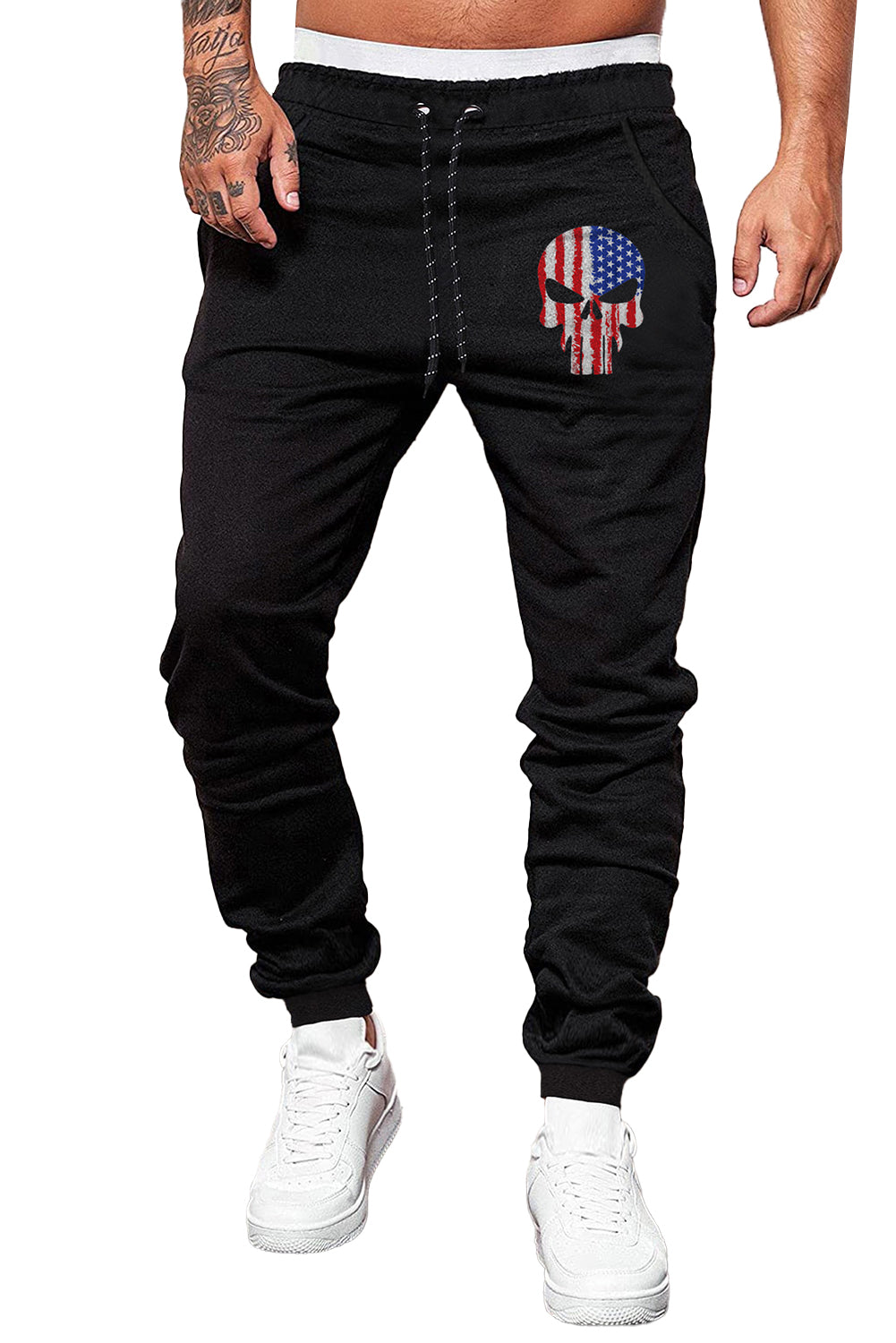 Black American Flag Skull Print Drawstring Men's Sweatpants Men's Pants JT's Designer Fashion