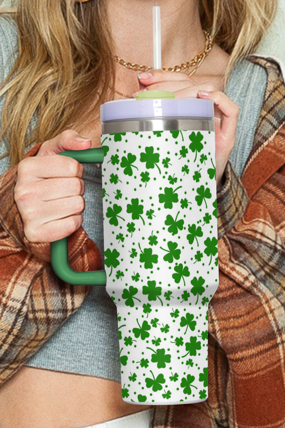 Dark Green Clover Print Thermos Cup with Handle 1200ml Tumblers JT's Designer Fashion