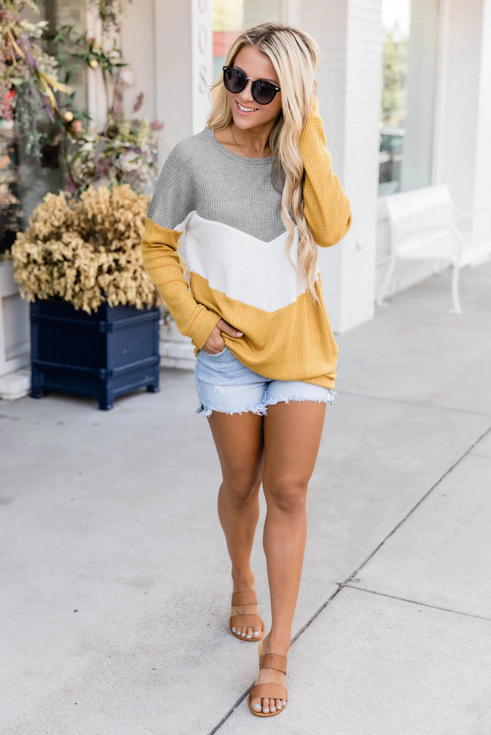 Yellow Chevron Waffle Colorblock Pullover Sweatshirt Sweatshirts & Hoodies JT's Designer Fashion