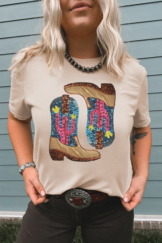 Khaki Sequined Western Boots Crew Neck Graphic Tee Graphic Tees JT's Designer Fashion