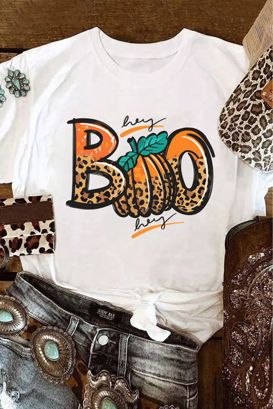 White BOO Pumpkin Leopard Print Crew Neck T Shirt Graphic Tees JT's Designer Fashion