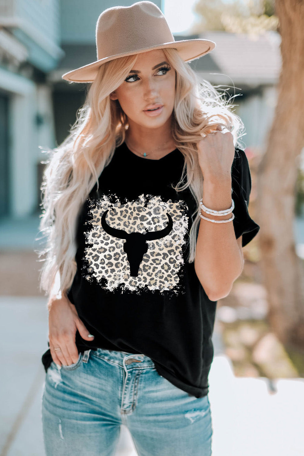 Black Western Leopard Steer Head Print Casual T Shirt Graphic Tees JT's Designer Fashion