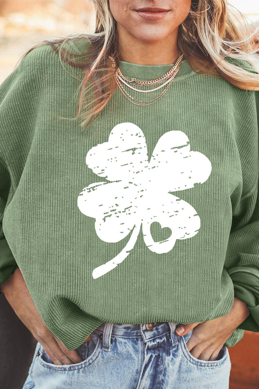 Grass Green Distressed Clover Print St Patricks Corded Sweatshirt Grass Green 100%Polyester Graphic Sweatshirts JT's Designer Fashion