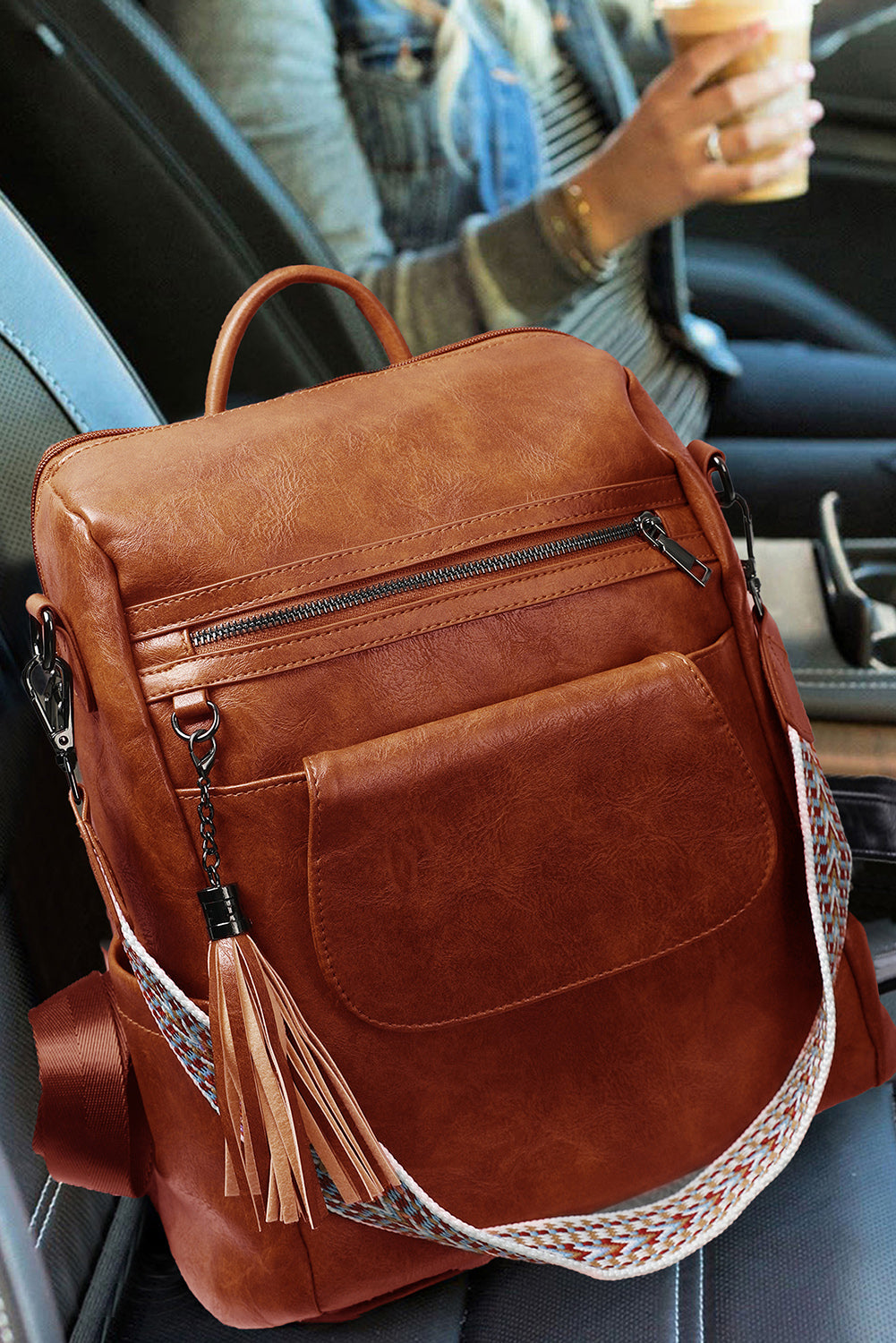 Brown Tassel Decor Retro PU Large Capacity Backpack Backpacks JT's Designer Fashion