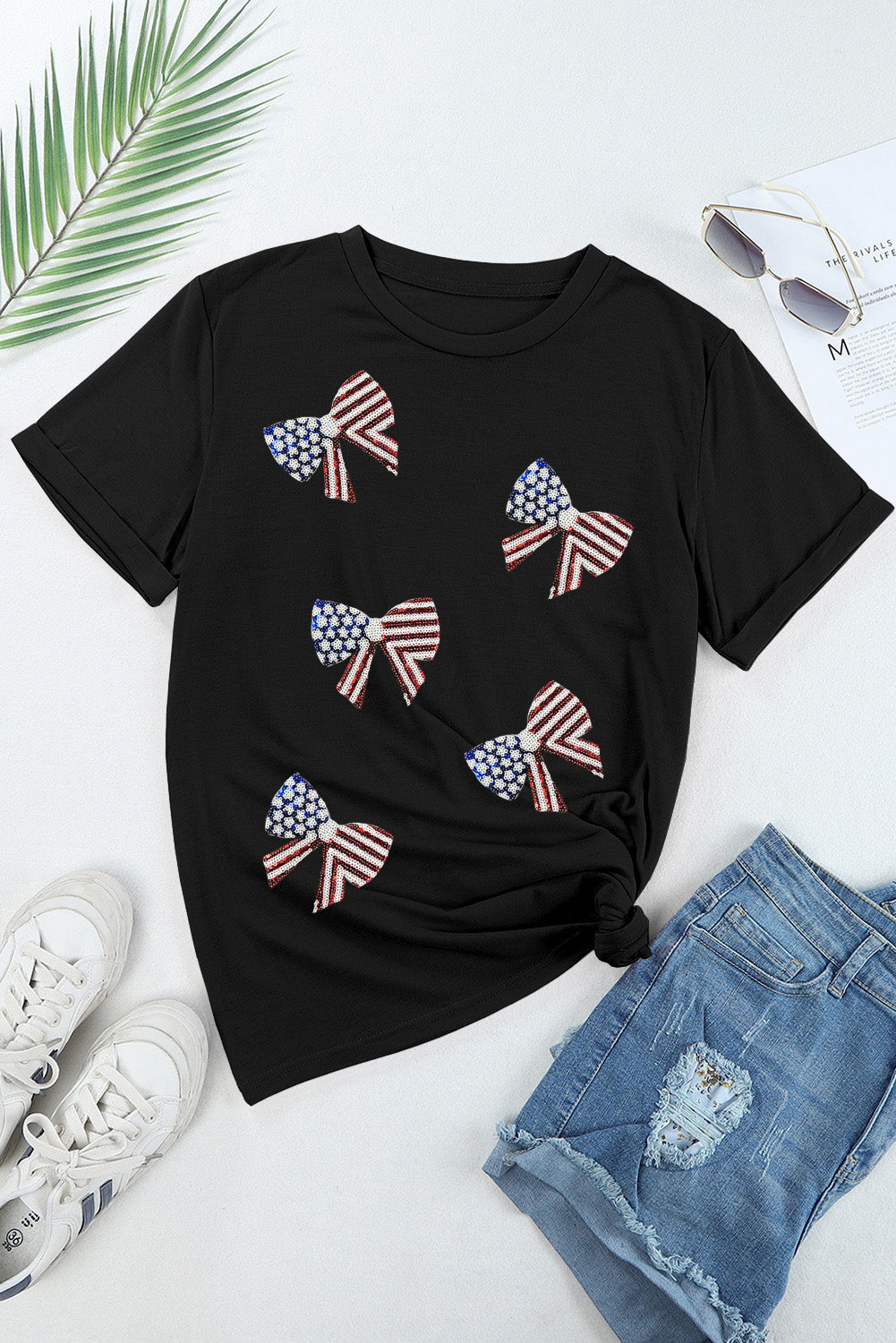 Black Sequined Flag Bowknot Graphic T Shirt Graphic Tees JT's Designer Fashion