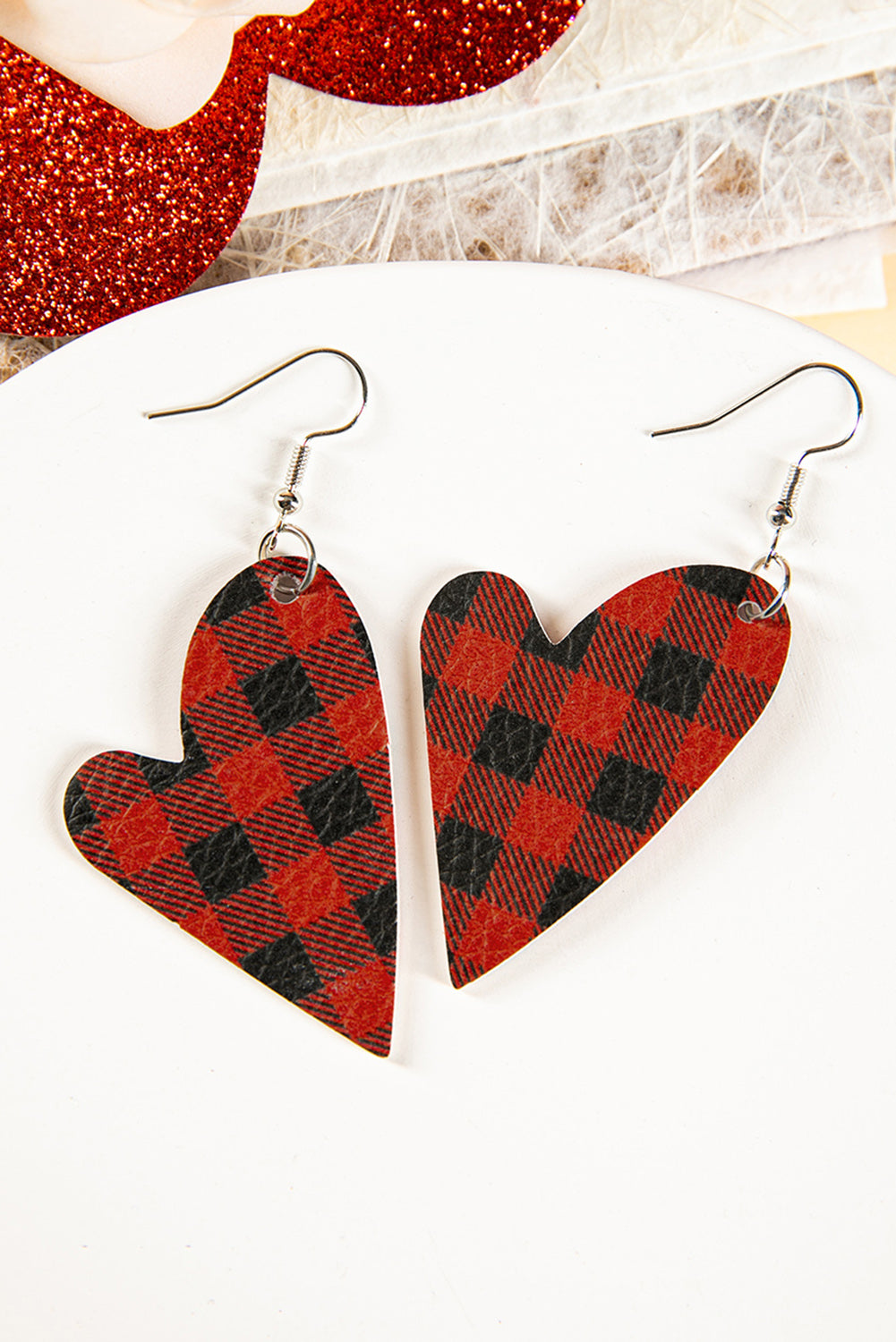 Red Valentine Plaid Heart Shape Dangle Earrings Jewelry JT's Designer Fashion