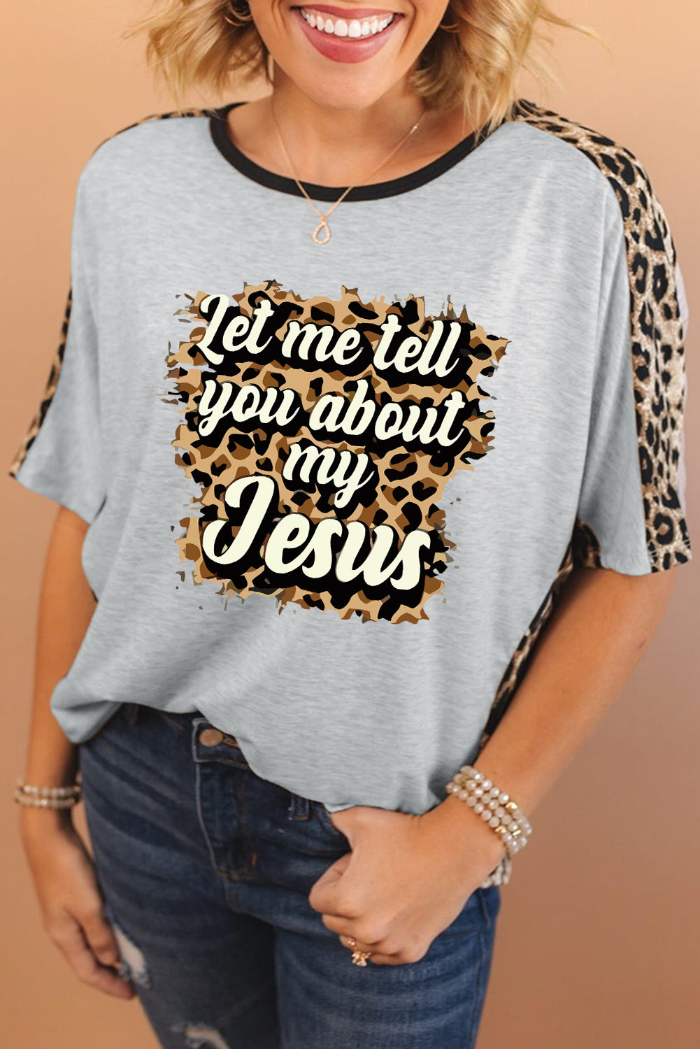 Gray Let me tell you about my Jesus Leopard Patchwork Tee Graphic Tees JT's Designer Fashion