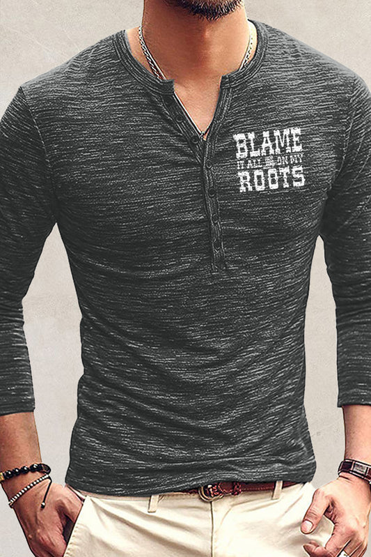 Gray Letter Printed Buttoned Slim-fit Long Sleeve Men's T-shirt Men's Tops JT's Designer Fashion
