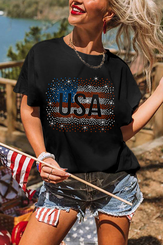 Black Rhinestone America Flag USA Graphic T Shirt Graphic Tees JT's Designer Fashion