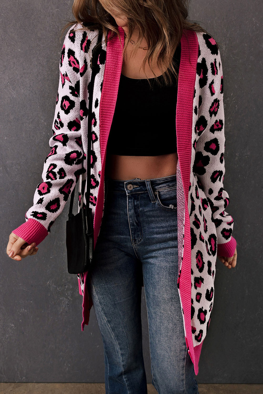 Rose Leopard Ribbed Trim Knitted Open Front Long Cardigan Sweaters & Cardigans JT's Designer Fashion