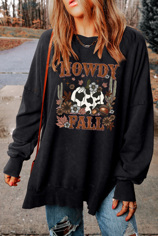 Black HOWDY FALL Pumpkin Print Split Hem Sweatshirt Graphic Sweatshirts JT's Designer Fashion